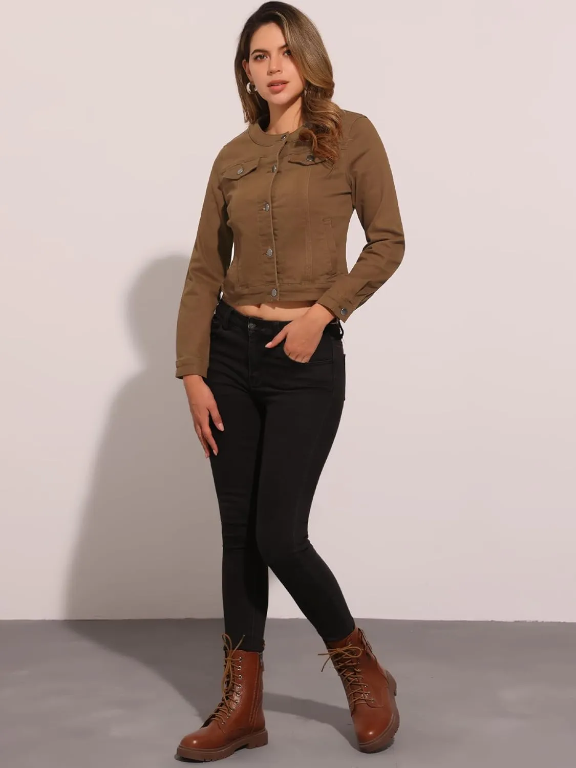 Allegra K Women's Denim Jacket Button Down Collarless Long Sleeve Jean Jackets