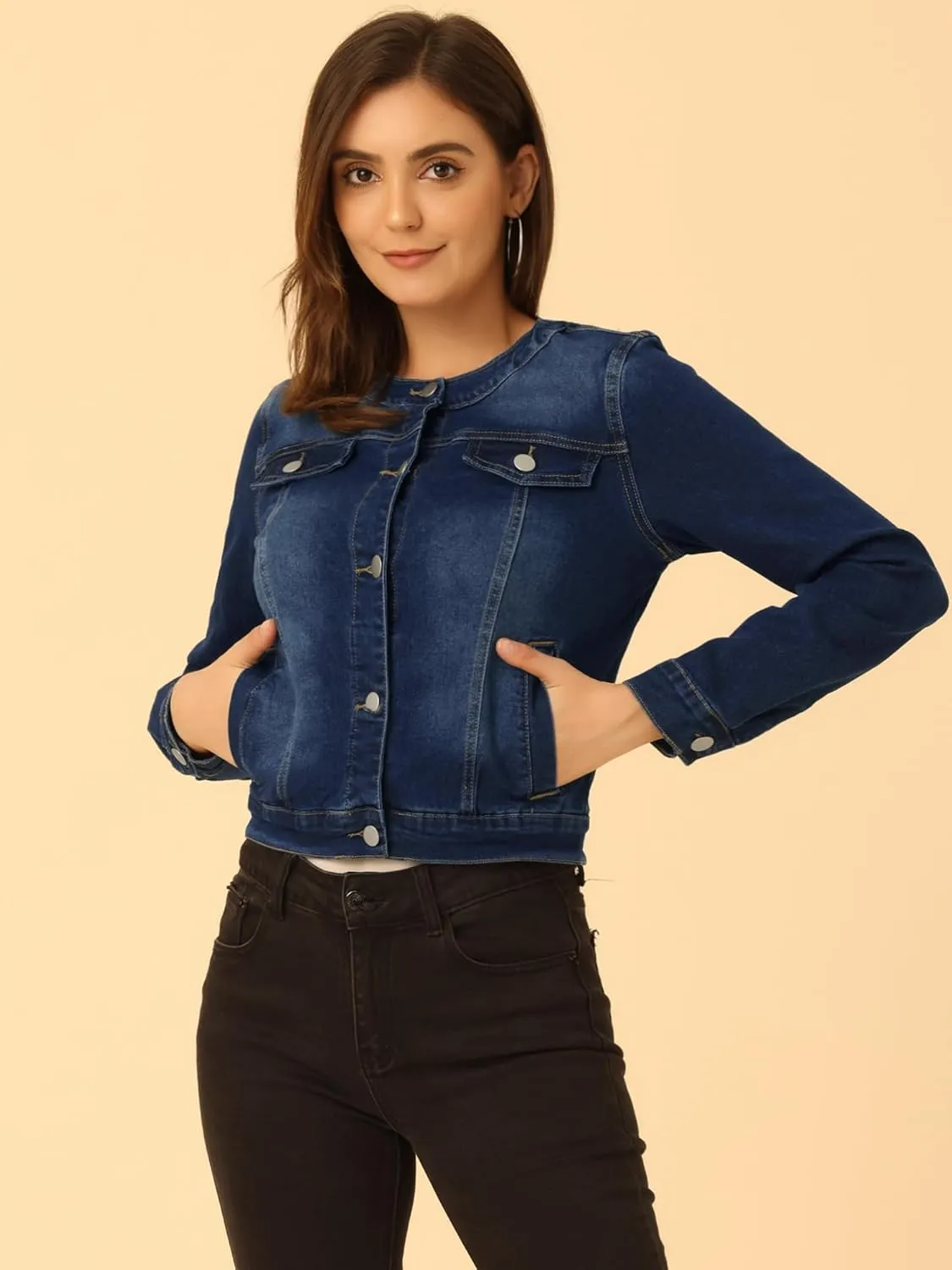 Allegra K Women's Denim Jacket Button Down Collarless Long Sleeve Jean Jackets