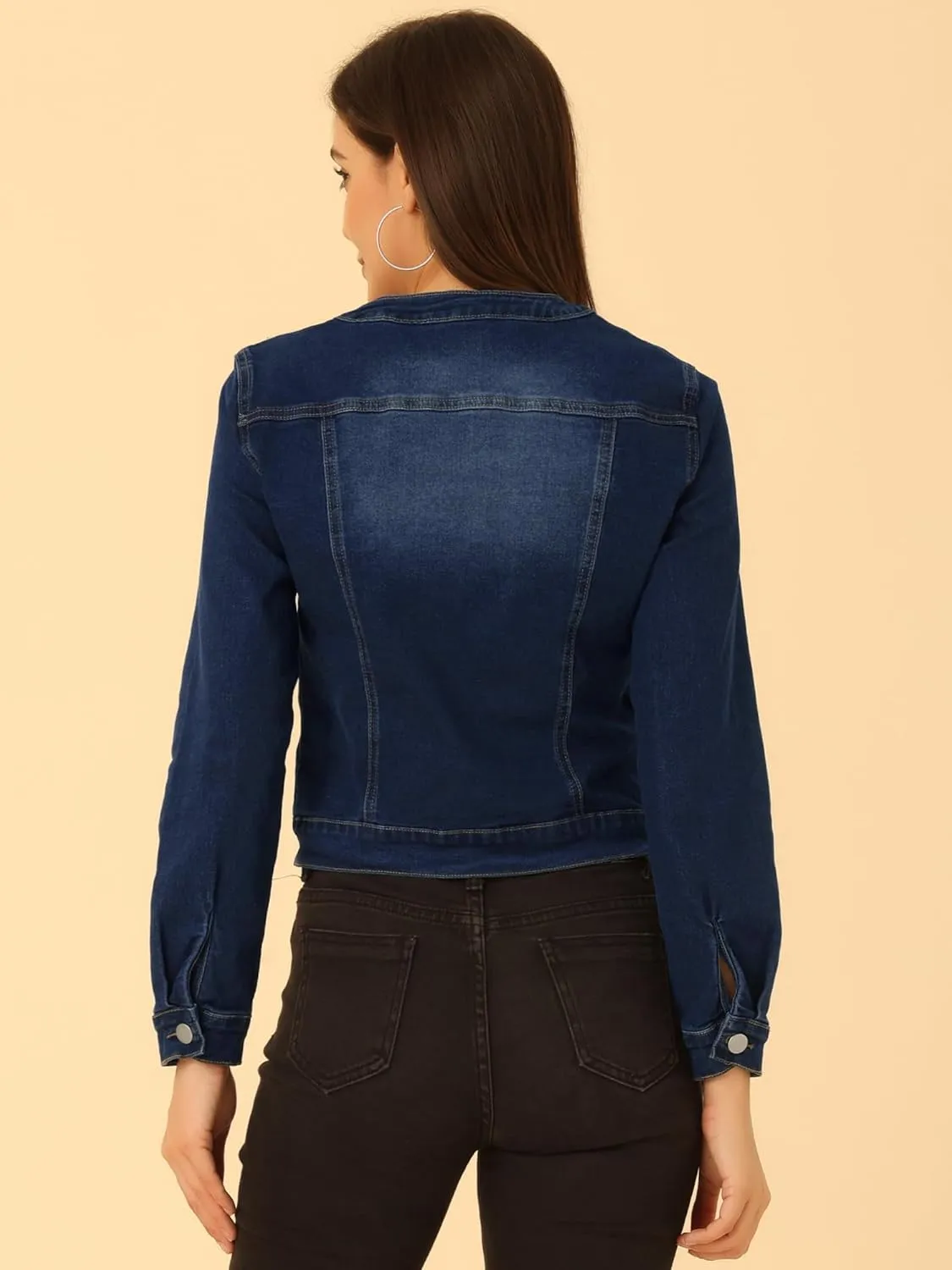 Allegra K Women's Denim Jacket Button Down Collarless Long Sleeve Jean Jackets