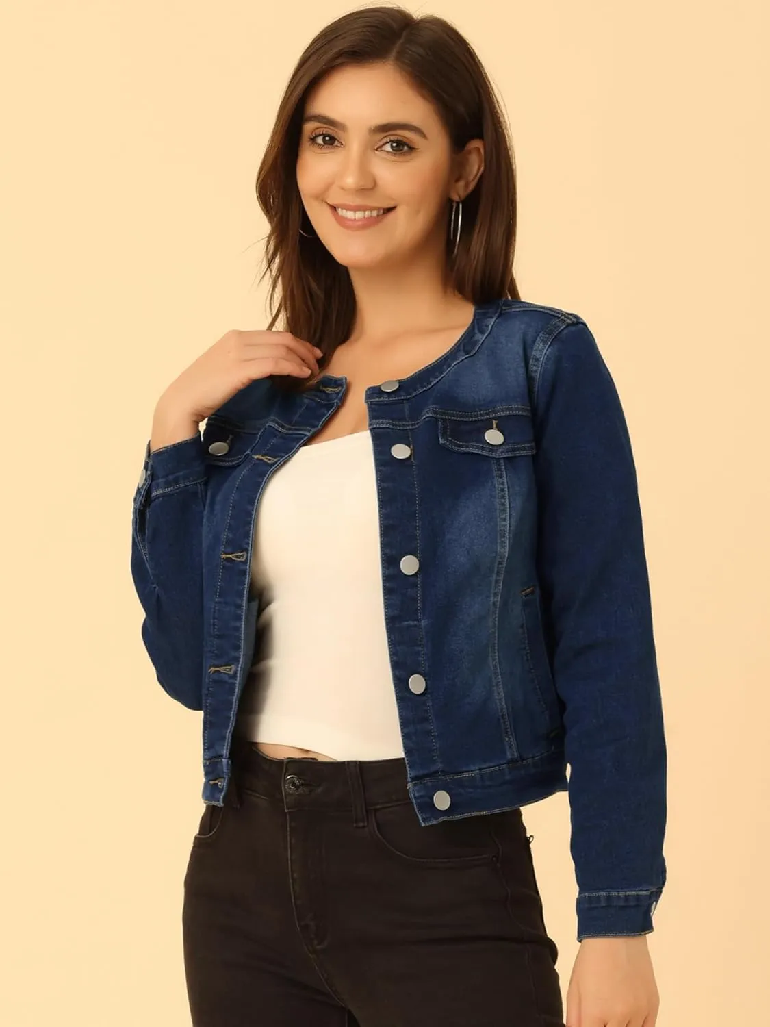 Allegra K Women's Denim Jacket Button Down Collarless Long Sleeve Jean Jackets