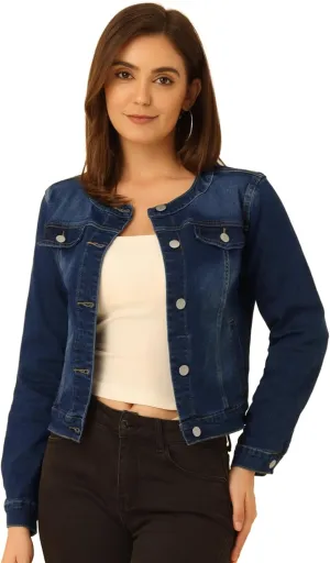 Allegra K Women's Denim Jacket Button Down Collarless Long Sleeve Jean Jackets