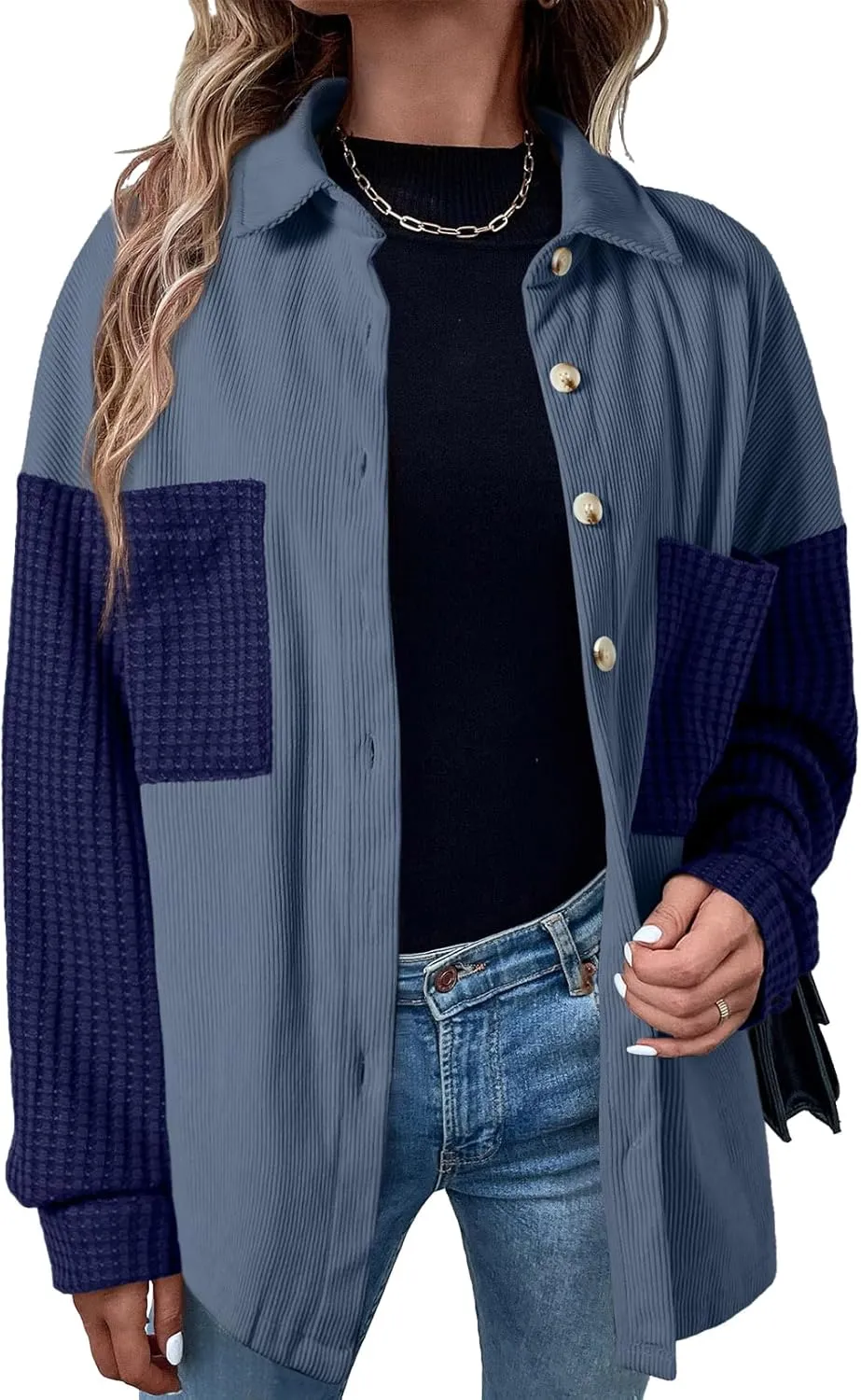 Astylish Womens 2024 Corduroy Shacket Color Block Waffle Jackets Casual Long Sleeve Button Down Shirts Coat