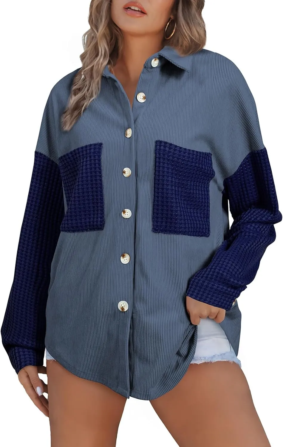 Astylish Womens 2024 Corduroy Shacket Color Block Waffle Jackets Casual Long Sleeve Button Down Shirts Coat