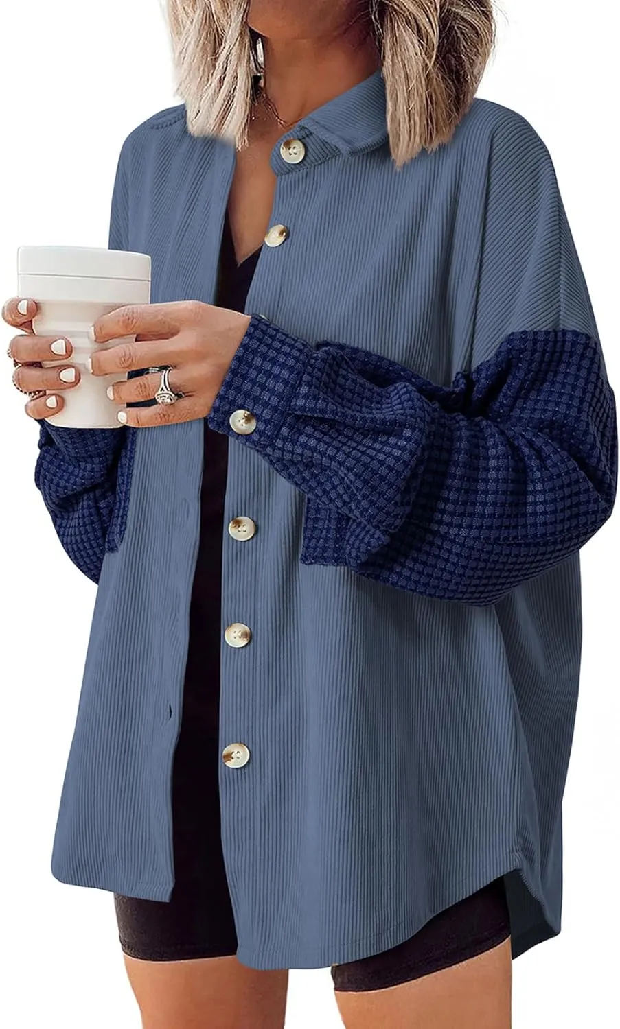 Astylish Womens 2024 Corduroy Shacket Color Block Waffle Jackets Casual Long Sleeve Button Down Shirts Coat