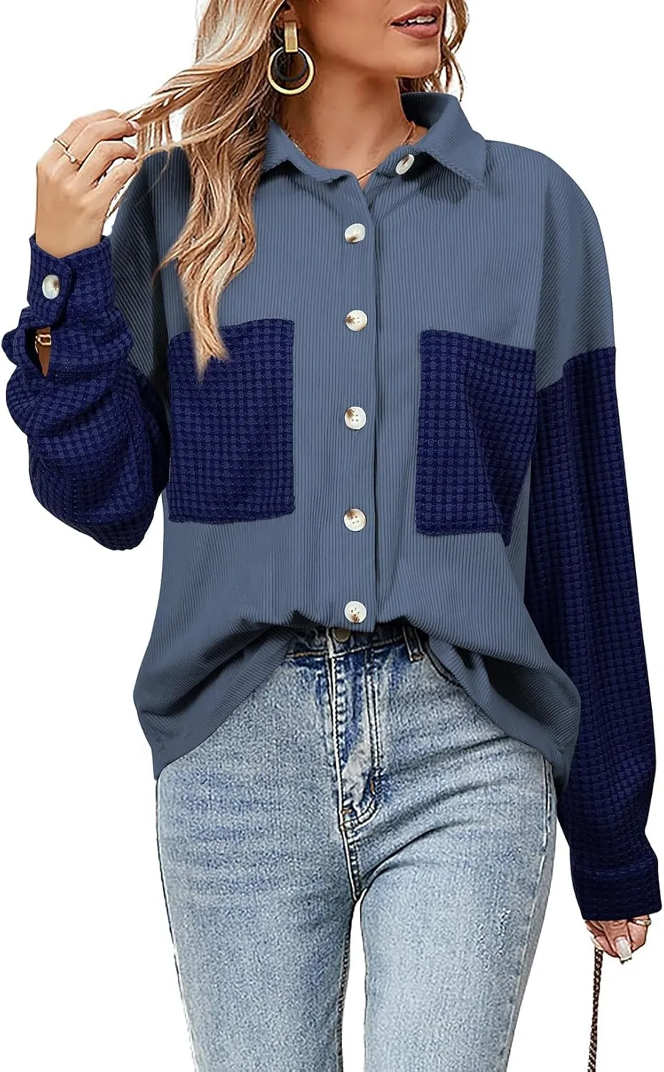 Astylish Womens 2024 Corduroy Shacket Color Block Waffle Jackets Casual Long Sleeve Button Down Shirts Coat