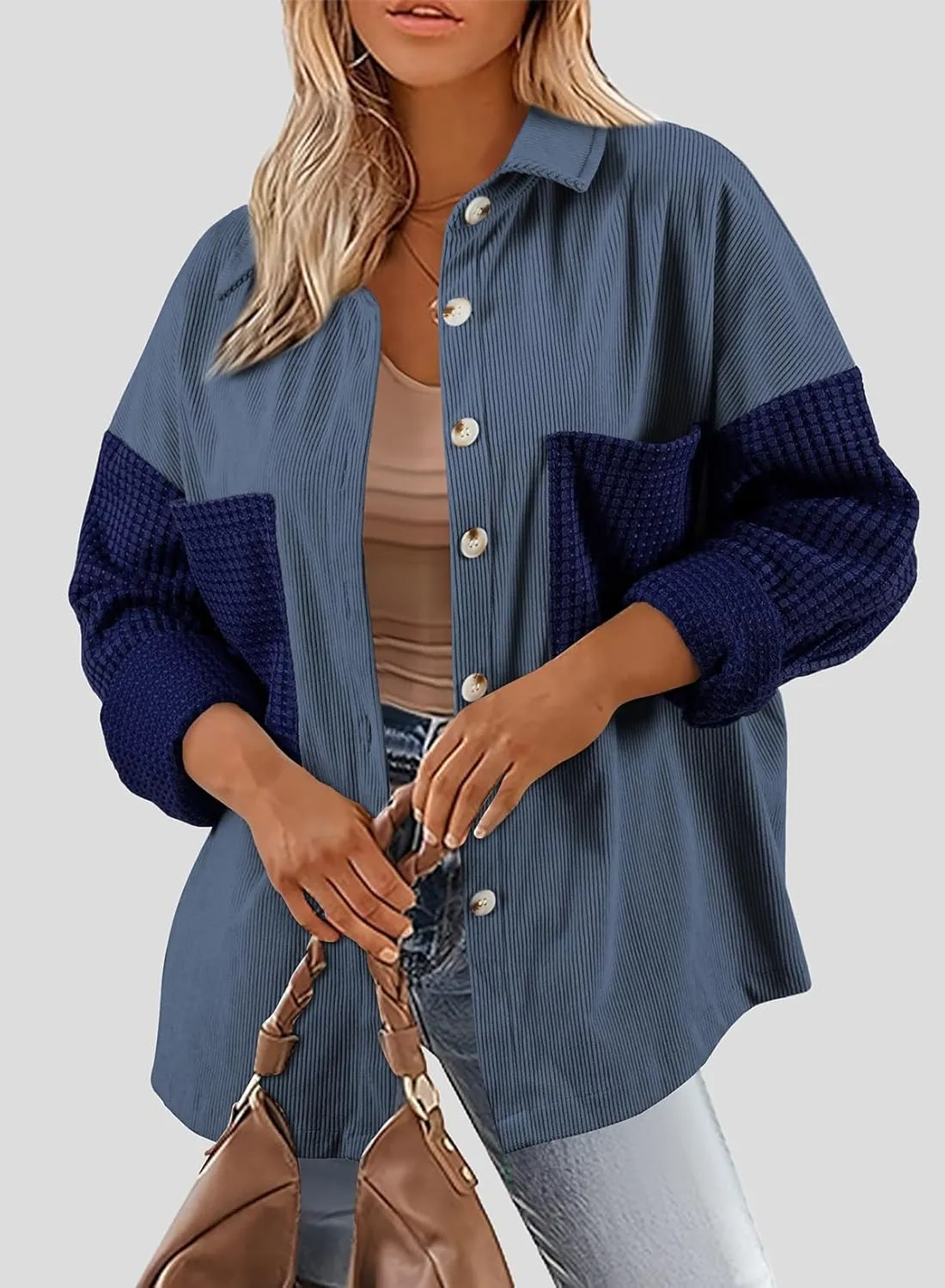 Astylish Womens 2024 Corduroy Shacket Color Block Waffle Jackets Casual Long Sleeve Button Down Shirts Coat