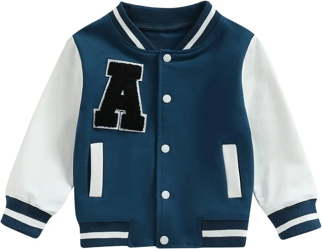 Baby Boy Girl Baseball Varsity Jacket Long Sleeve Button Down Letterman Bomber Outwear Coat Fall Winter Clothes