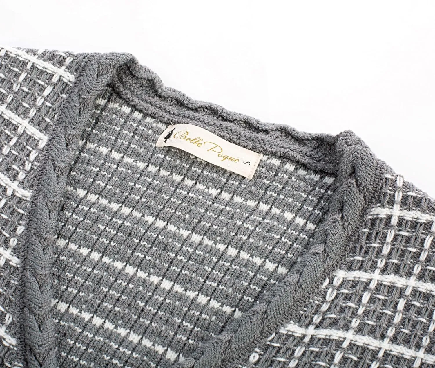 Belle Poque Women Cardigan Sweaters Tweed Pattern Jacket V Neck Sweater Blazer with Button for Fall Winter Spring