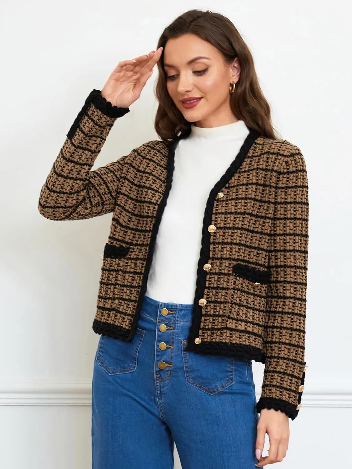 Belle Poque Women Cardigan Sweaters Tweed Pattern Jacket V Neck Sweater Blazer with Button for Fall Winter Spring