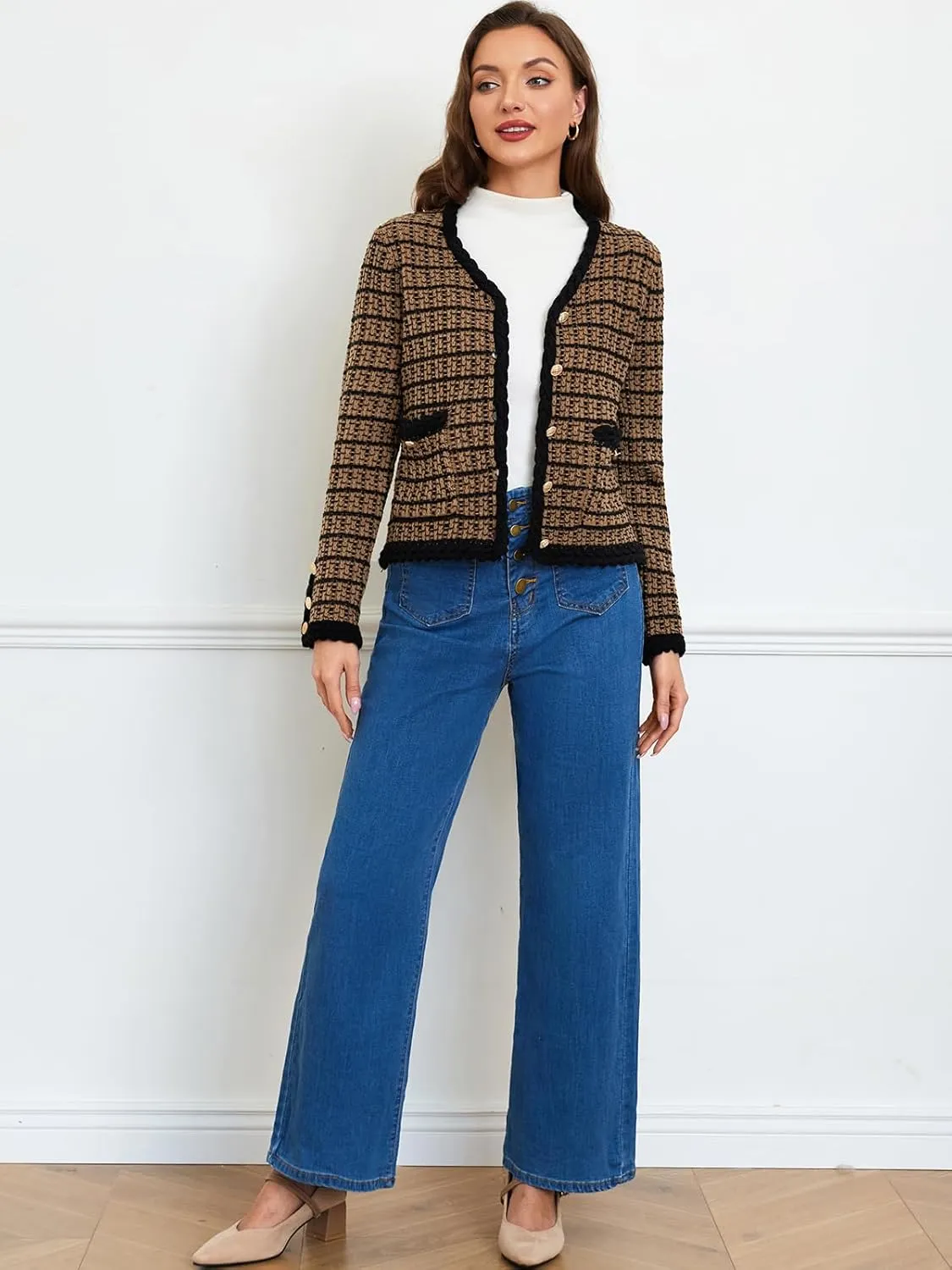 Belle Poque Women Cardigan Sweaters Tweed Pattern Jacket V Neck Sweater Blazer with Button for Fall Winter Spring