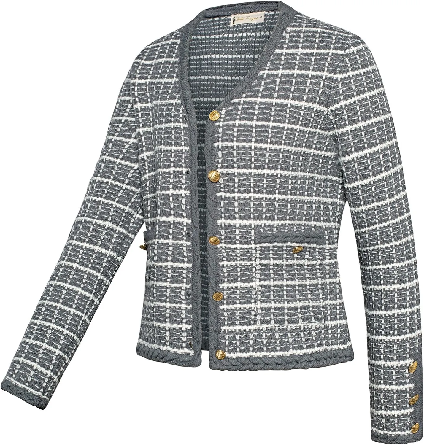 Belle Poque Women Cardigan Sweaters Tweed Pattern Jacket V Neck Sweater Blazer with Button for Fall Winter Spring