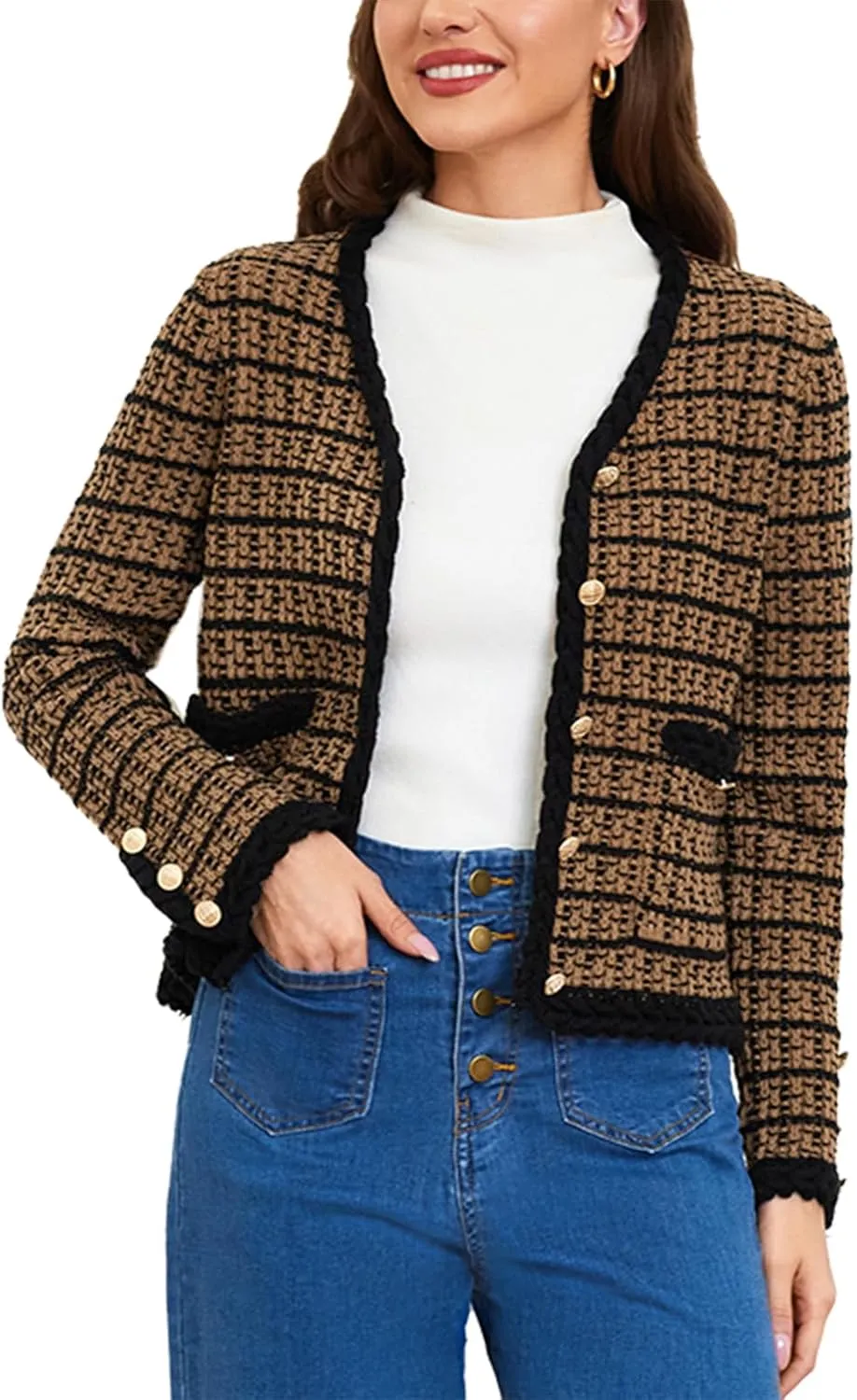 Belle Poque Women Cardigan Sweaters Tweed Pattern Jacket V Neck Sweater Blazer with Button for Fall Winter Spring