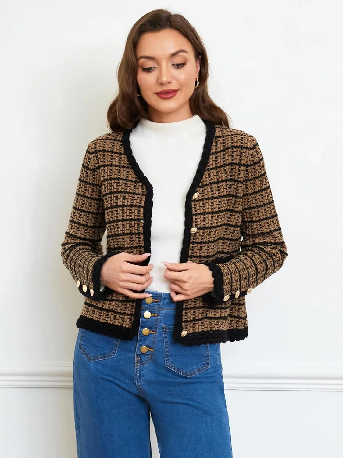 Belle Poque Women Cardigan Sweaters Tweed Pattern Jacket V Neck Sweater Blazer with Button for Fall Winter Spring