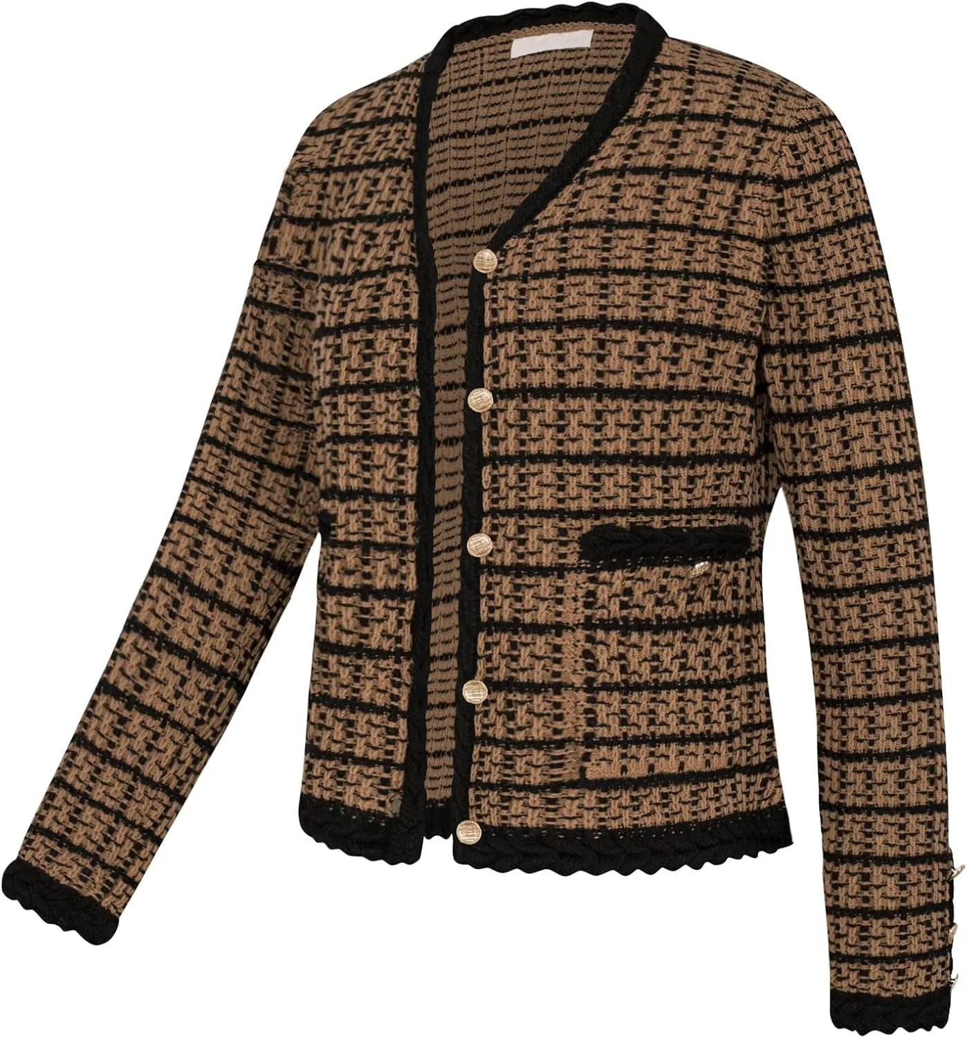 Belle Poque Women Cardigan Sweaters Tweed Pattern Jacket V Neck Sweater Blazer with Button for Fall Winter Spring