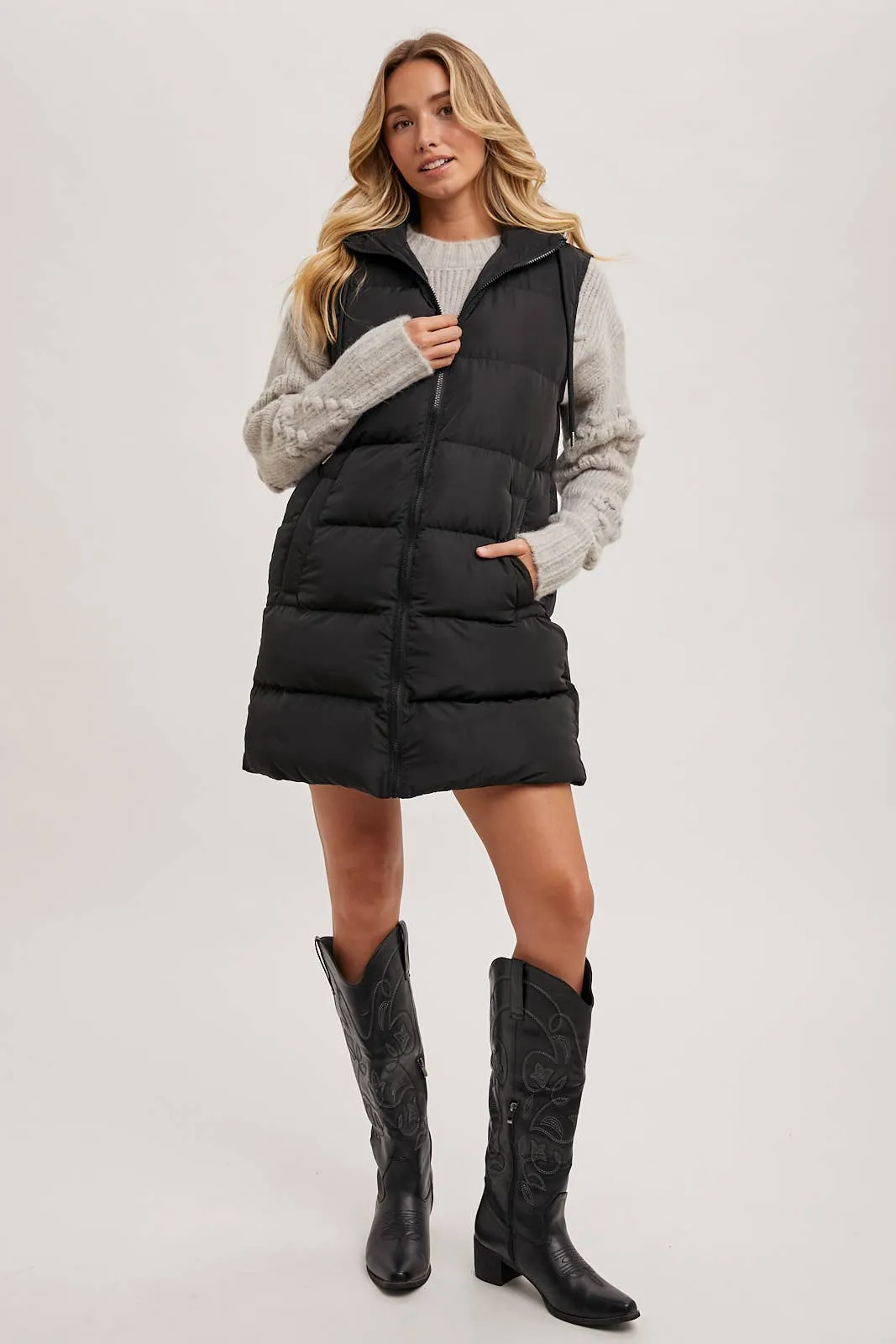 BLUIVY HOODED ZIPPER DOWN LONGLINE PUFFER VEST