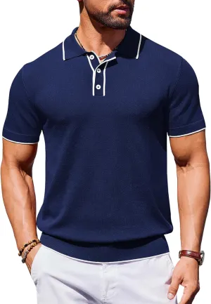COOFANDY Mens Knit Polo Shirts Short Sleeve Vintage Stretch Polo T Shirts Casual Summer Golf Shirts