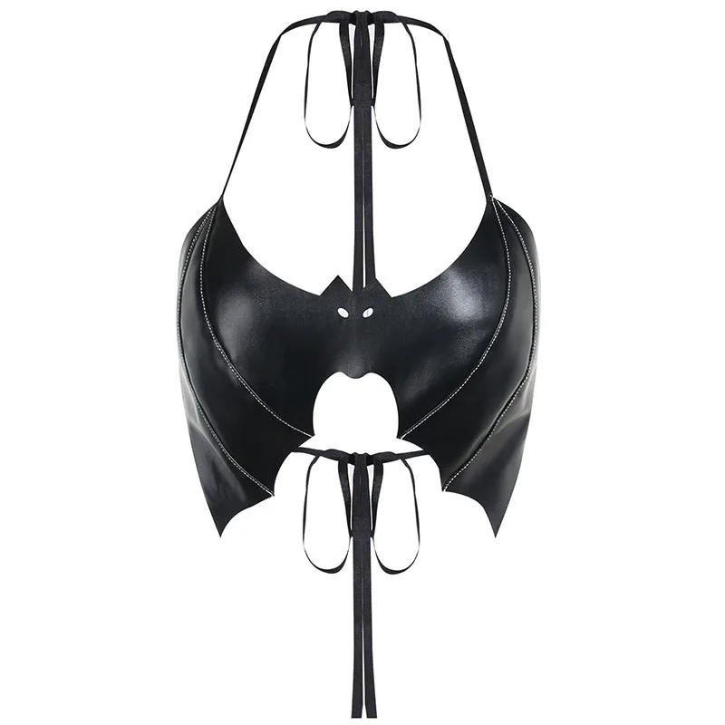 Dark Sexy Bat Leather Halter Backless Lace-Up Top