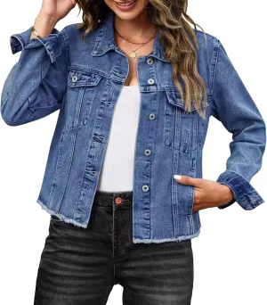 Denim Jacket for Women Distressed Jean Jackets Button Up Vintage Western Trucker Jacket Frayed Hem Pockets 2025