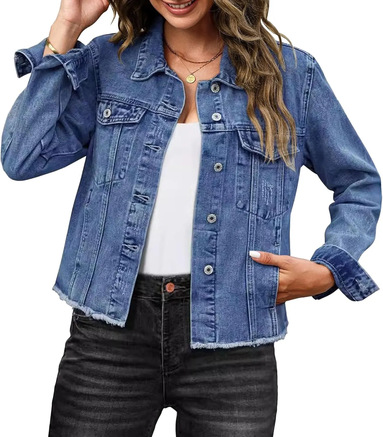 Denim Jacket for Women Distressed Jean Jackets Button Up Vintage Western Trucker Jacket Frayed Hem Pockets 2025
