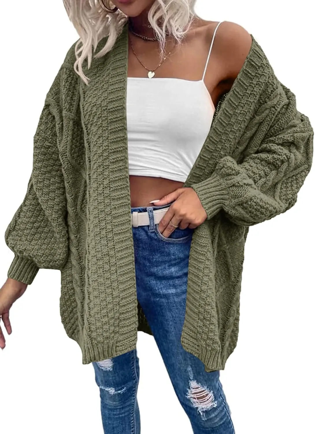 Dyexces Womens Oversized Cardigan Sweaters Open Front Cable Knit Lantern Long Sleeve Chunky Outwear Coats