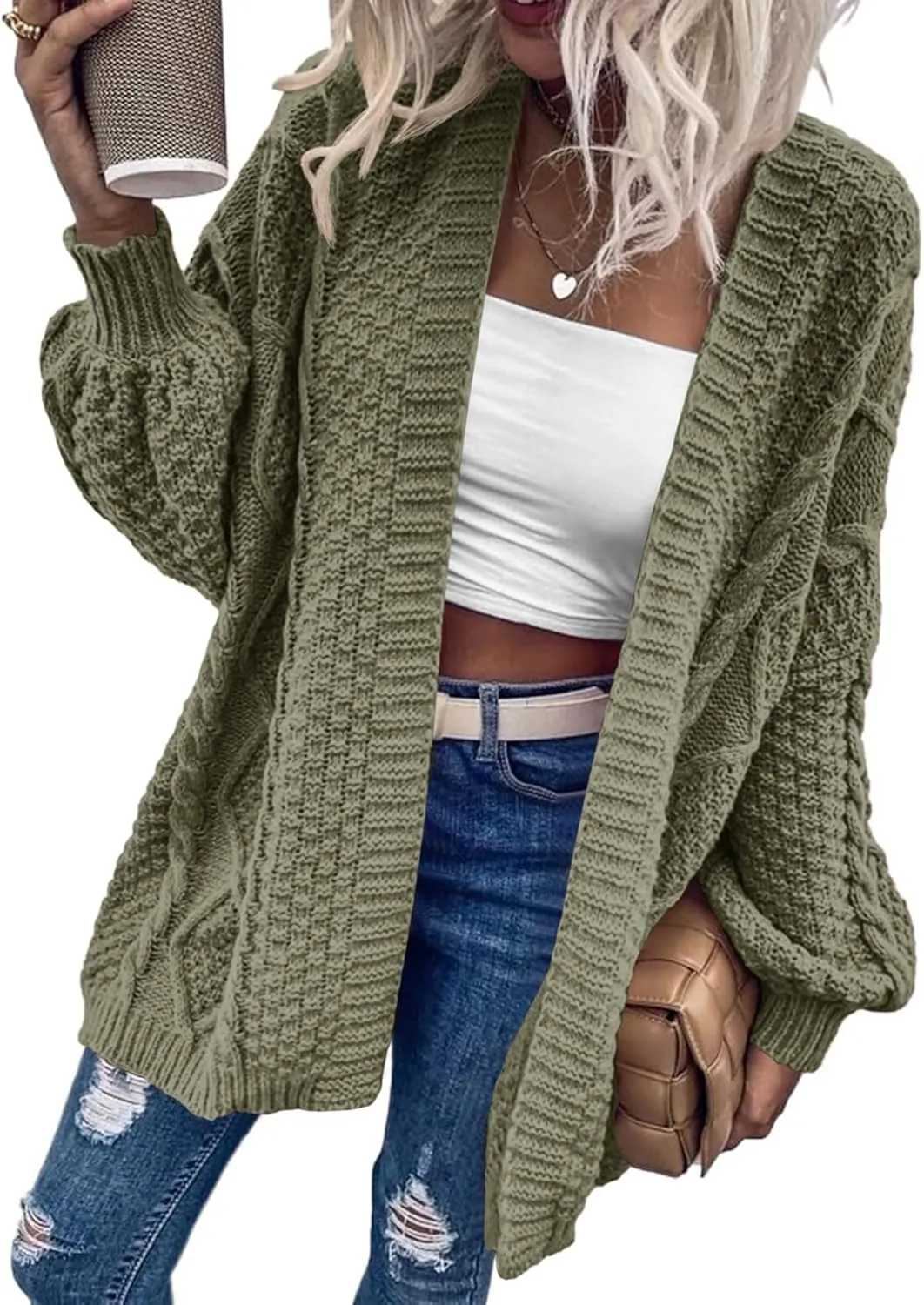 Dyexces Womens Oversized Cardigan Sweaters Open Front Cable Knit Lantern Long Sleeve Chunky Outwear Coats