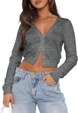 Ezbelle Women's Long Sleeve Open Front Cropped Lightweight Cardigan Sweater Button Down Shirt 2025 Fall Tops