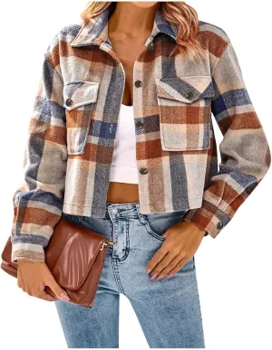 Flannels for Women Cropped Shacket Jacket Fashion Plaid Lapel Collars Button Down Shirt 2024 Fall Coat Tops