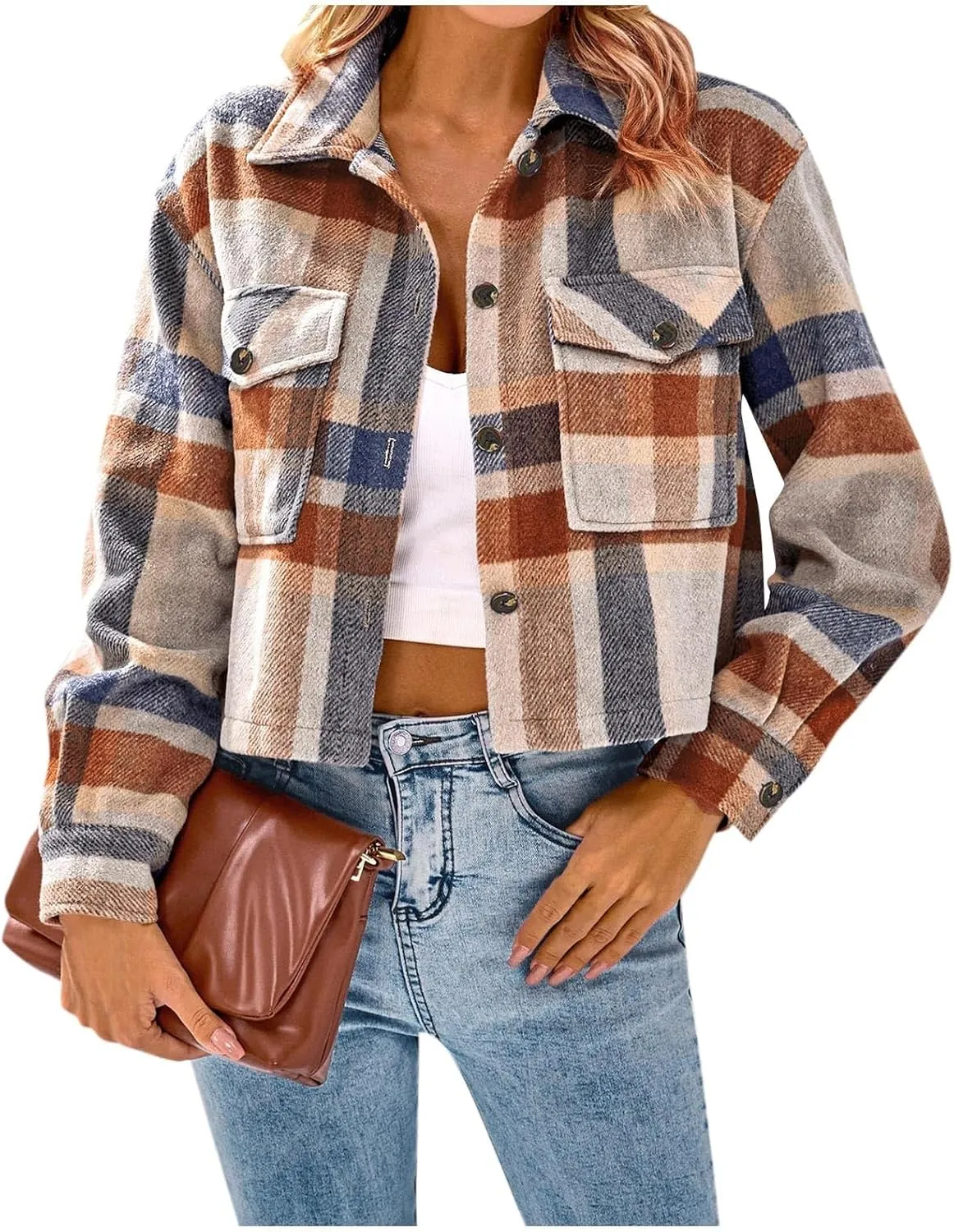 Flannels for Women Cropped Shacket Jacket Fashion Plaid Lapel Collars Button Down Shirt 2024 Fall Coat Tops