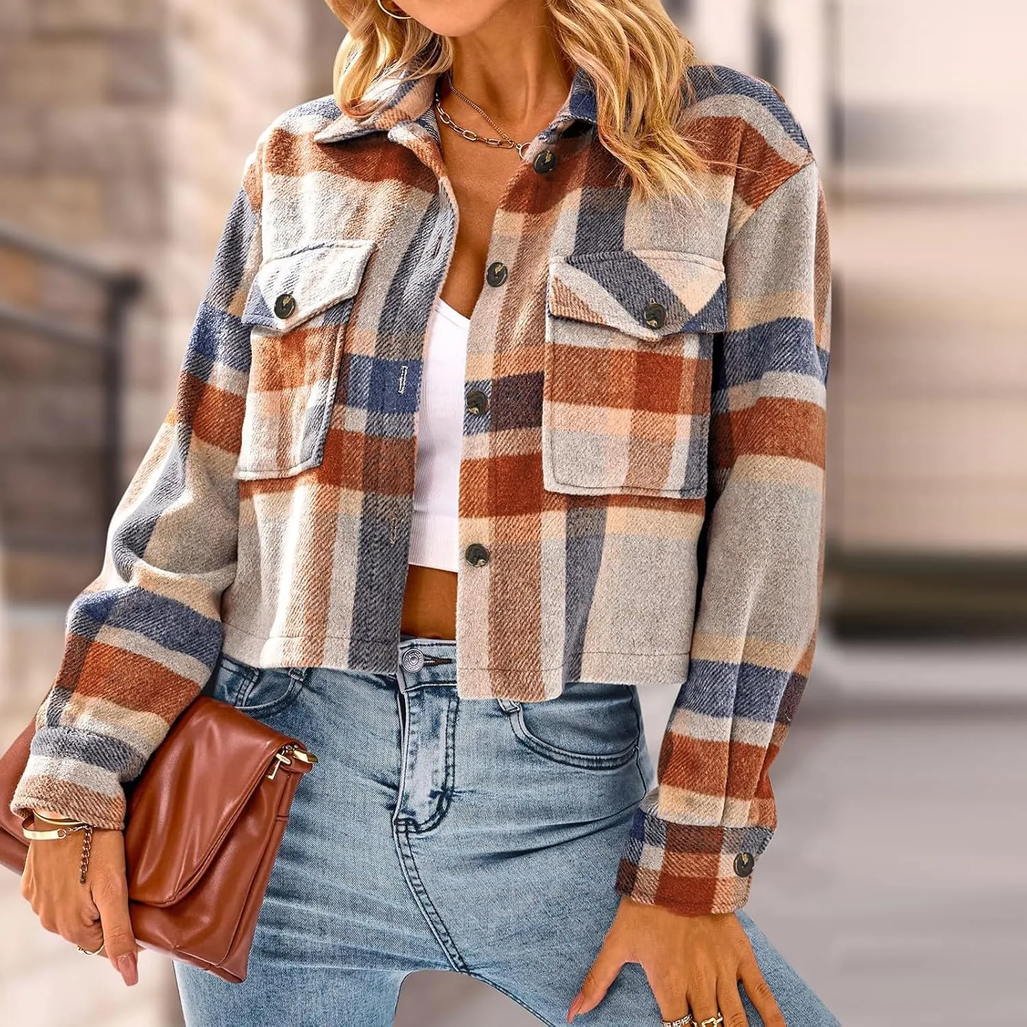 Flannels for Women Cropped Shacket Jacket Fashion Plaid Lapel Collars Button Down Shirt 2024 Fall Coat Tops