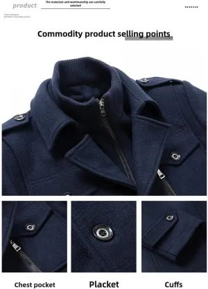 JinXuanYa Men's Business Wool Blend Coat with Zip Closure, Flap Pockets Fashion Double Collar Cold Resistant Woolen