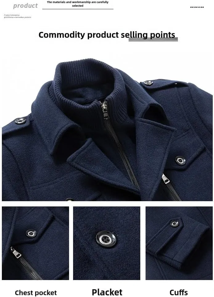 JinXuanYa Men's Business Wool Blend Coat with Zip Closure, Flap Pockets Fashion Double Collar Cold Resistant Woolen