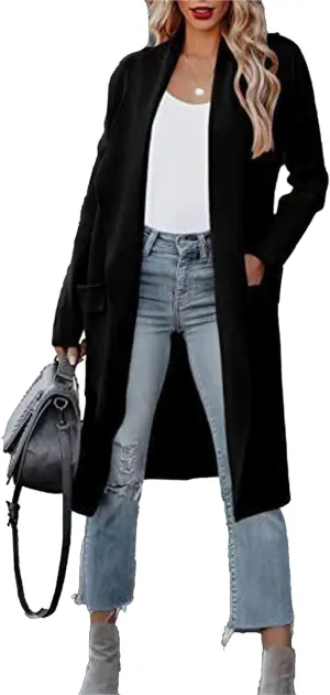 Maiyifu-GJ Women's Long Wool Blend Cardigan Sweaters Long Sleeve Lapel Casual Trench Coat Spring Fall Long Jacket Overcoat