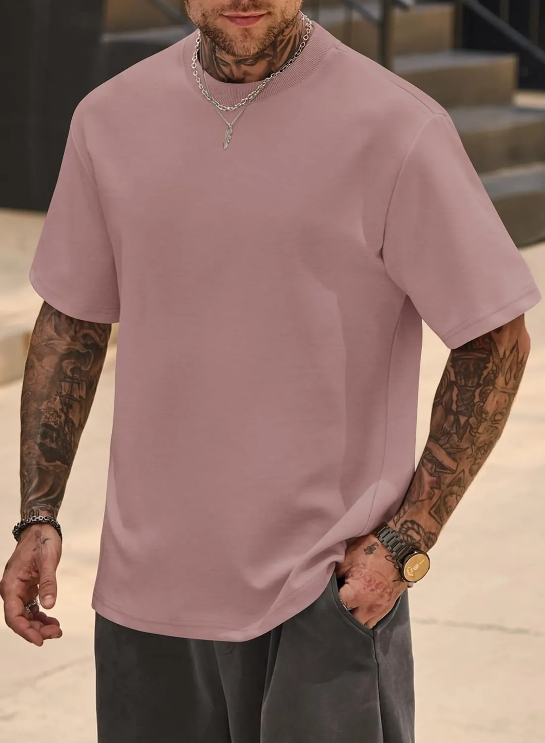 Mens Oversized T-Shirts Heavyweight Cotton Crew Neck Stretch Fashion Summer Thick Tee Tops (S-XXL)