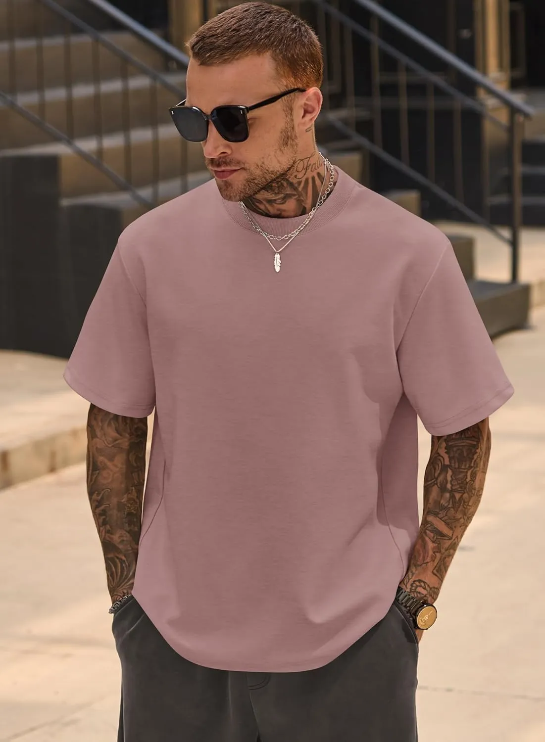 Mens Oversized T-Shirts Heavyweight Cotton Crew Neck Stretch Fashion Summer Thick Tee Tops (S-XXL)