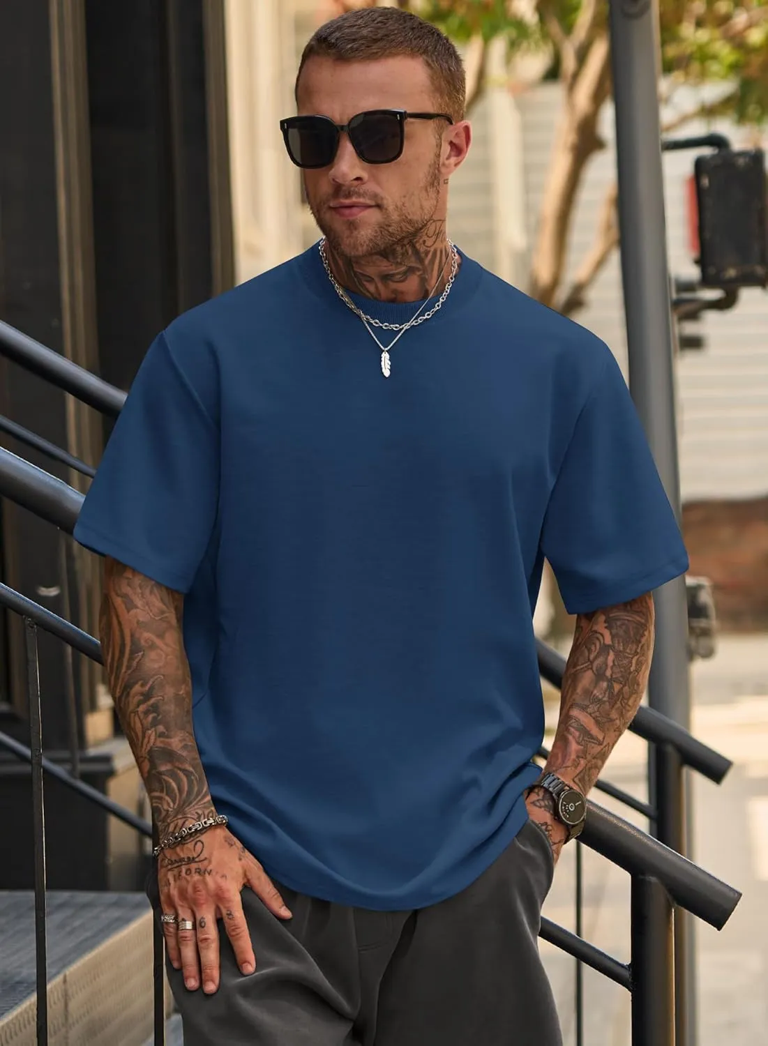 Mens Oversized T-Shirts Heavyweight Cotton Crew Neck Stretch Fashion Summer Thick Tee Tops (S-XXL)