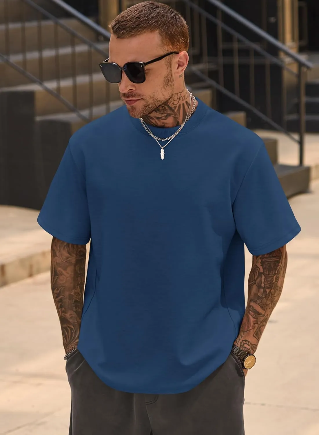 Mens Oversized T-Shirts Heavyweight Cotton Crew Neck Stretch Fashion Summer Thick Tee Tops (S-XXL)