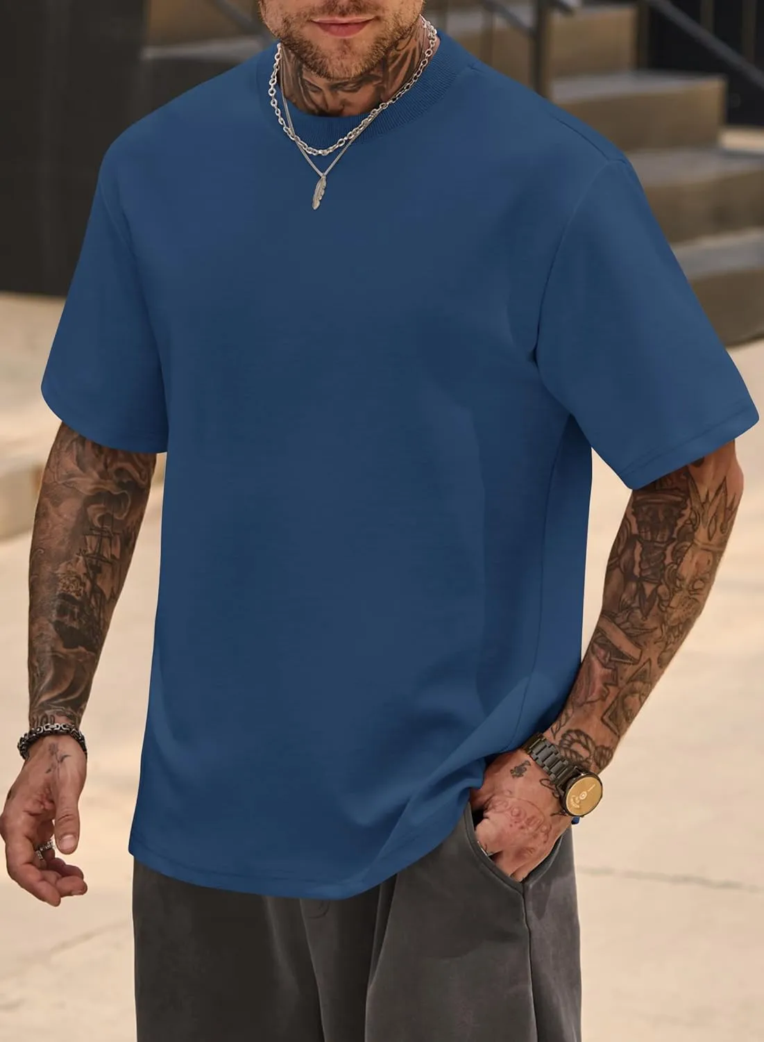 Mens Oversized T-Shirts Heavyweight Cotton Crew Neck Stretch Fashion Summer Thick Tee Tops (S-XXL)