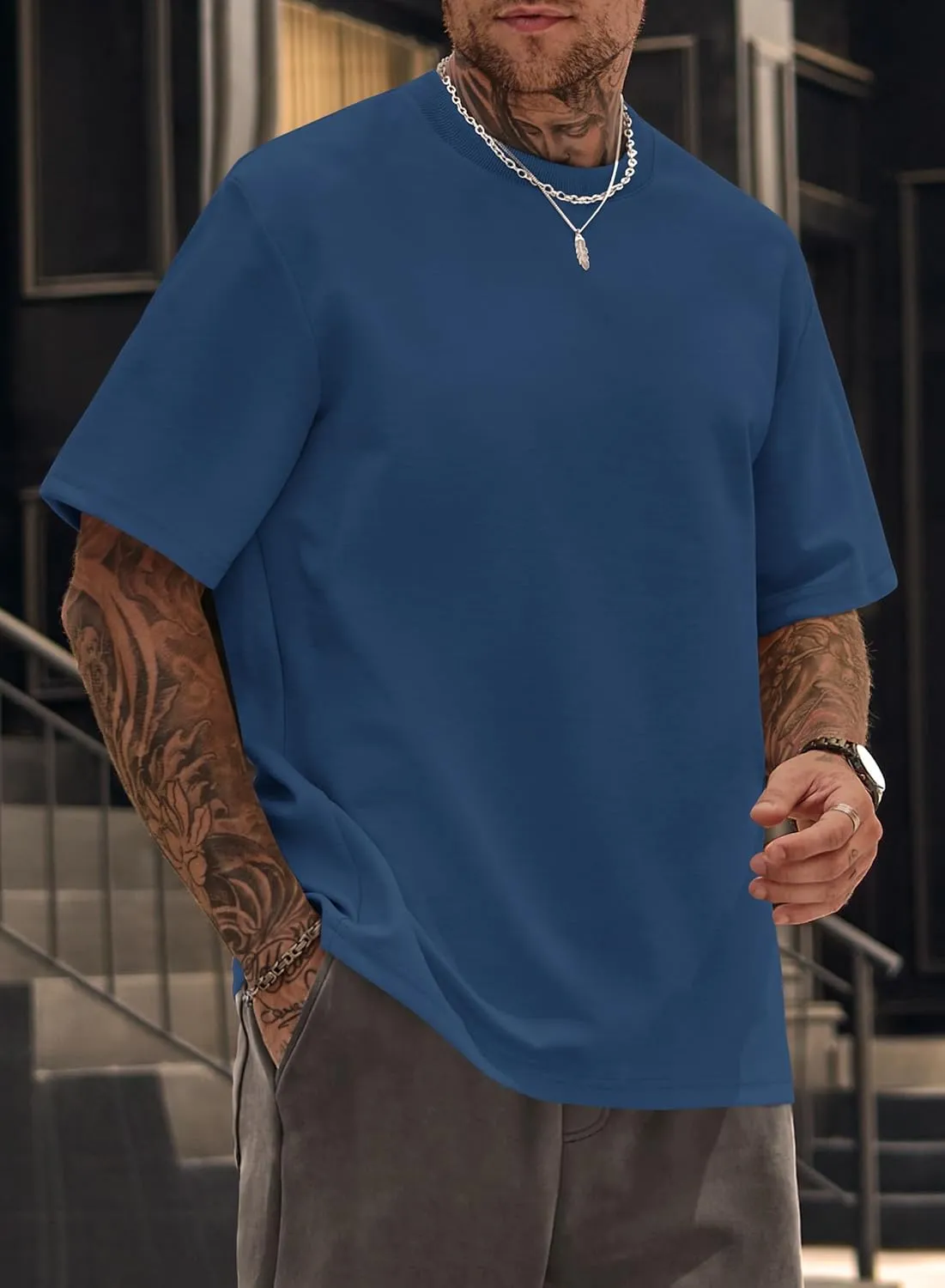 Mens Oversized T-Shirts Heavyweight Cotton Crew Neck Stretch Fashion Summer Thick Tee Tops (S-XXL)