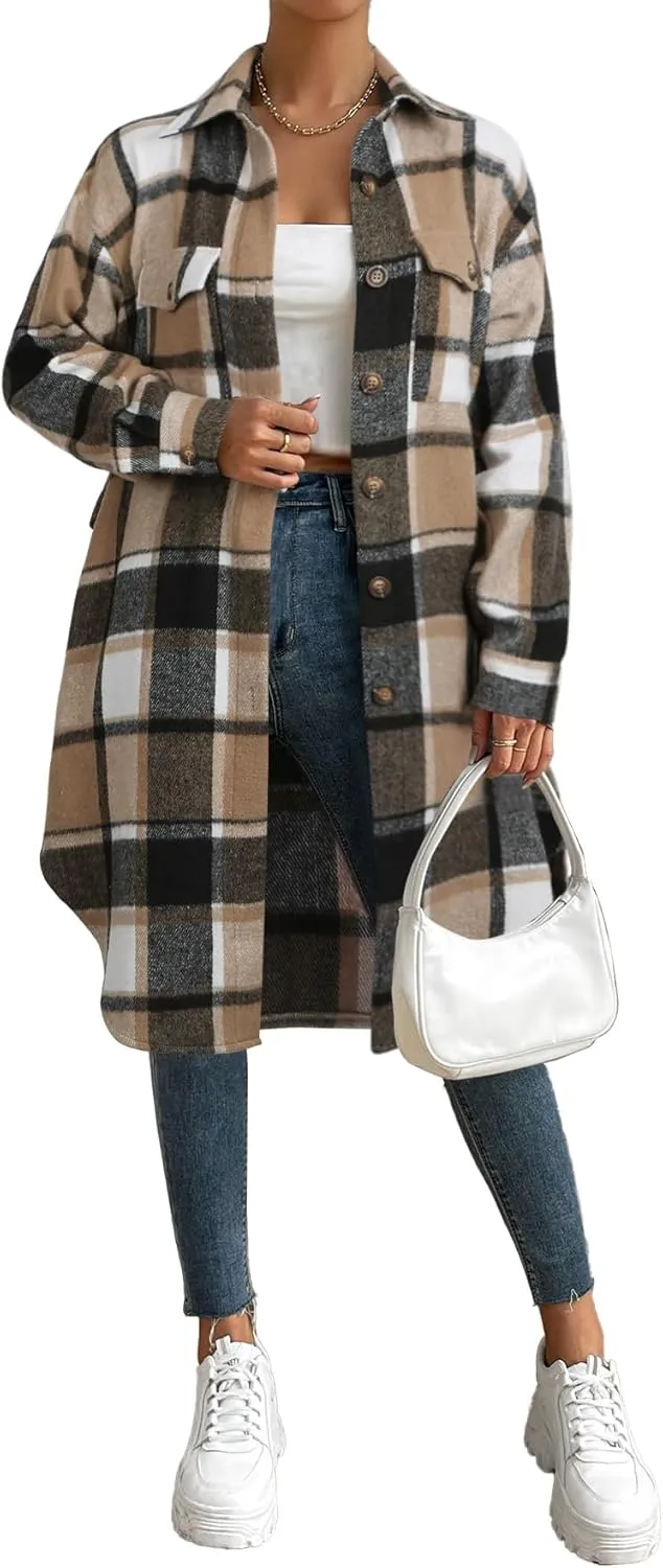 NIeyook Plaid Shacket Jacket Women Button Down Long Flannel Shirt Fall Oversized Jackets Casual Shaket Lapel Winter Coats