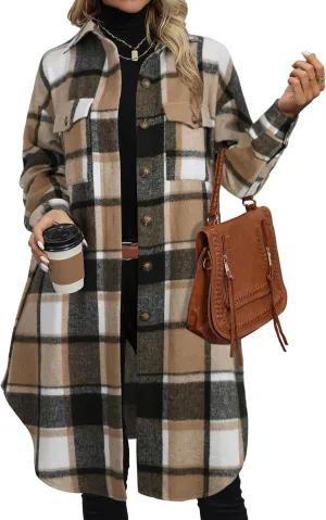 NIeyook Plaid Shacket Jacket Women Button Down Long Flannel Shirt Fall Oversized Jackets Casual Shaket Lapel Winter Coats