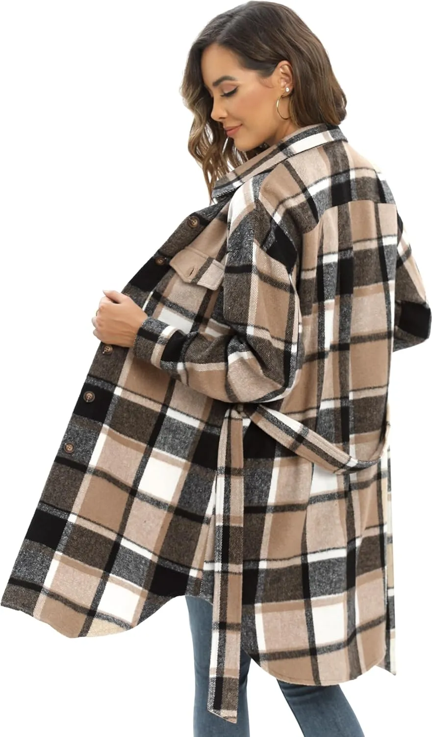 NIeyook Plaid Shacket Jacket Women Button Down Long Flannel Shirt Fall Oversized Jackets Casual Shaket Lapel Winter Coats