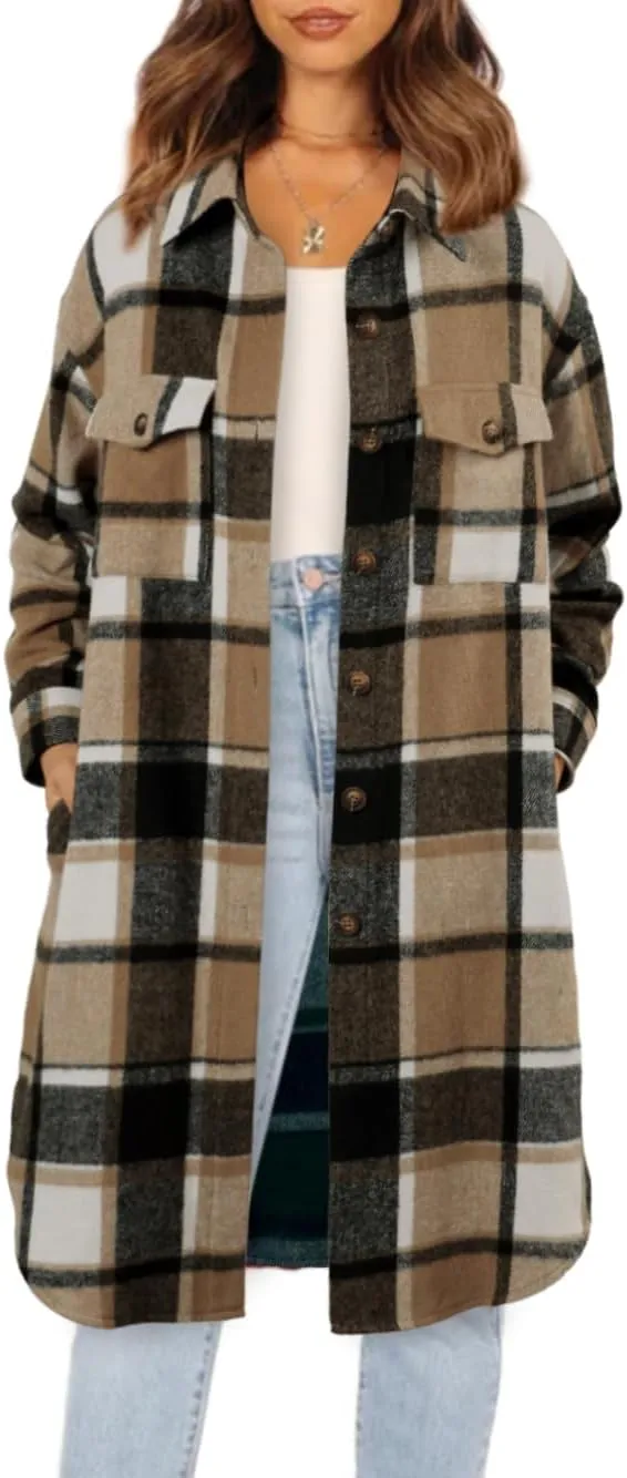 NIeyook Plaid Shacket Jacket Women Button Down Long Flannel Shirt Fall Oversized Jackets Casual Shaket Lapel Winter Coats