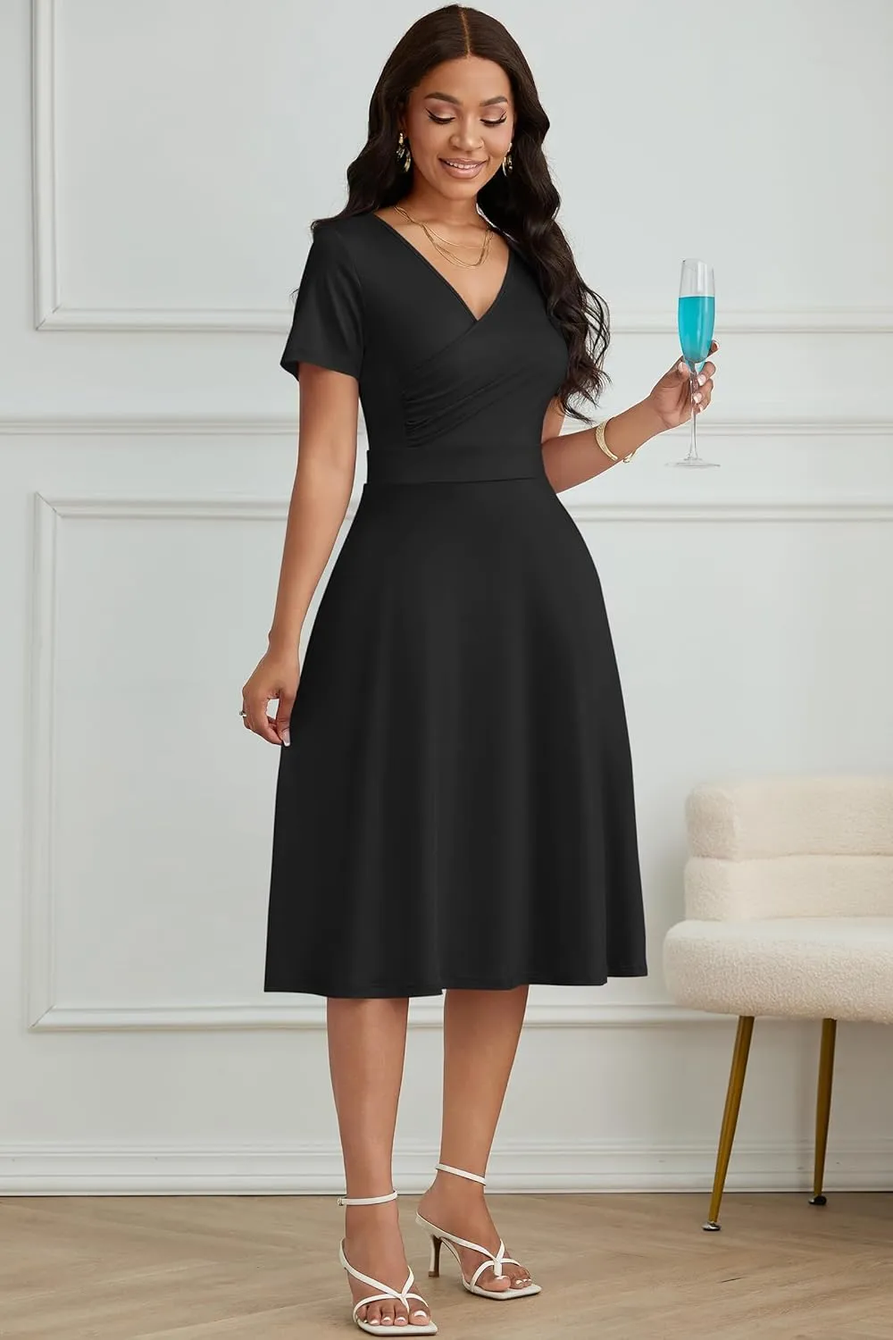 Nmoder Casual Wrap Midi Dresses for Women Wedding Guest Cocktail Tea A-Line Swing Dresses V Neck Short Sleeve with Pockets