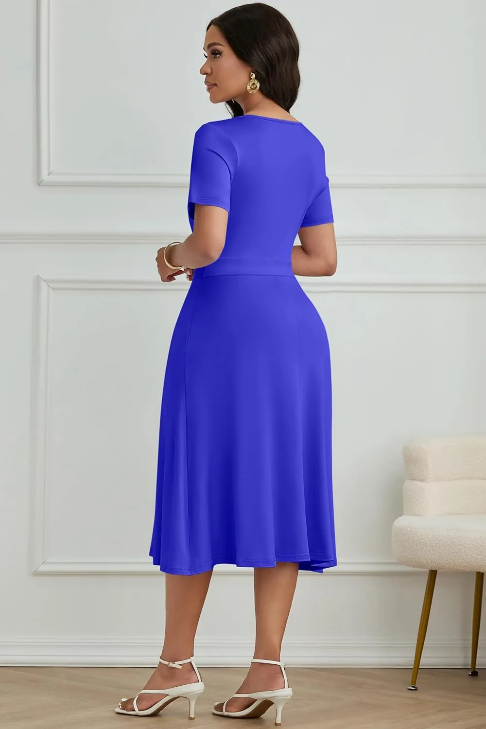 Nmoder Casual Wrap Midi Dresses for Women Wedding Guest Cocktail Tea A-Line Swing Dresses V Neck Short Sleeve with Pockets