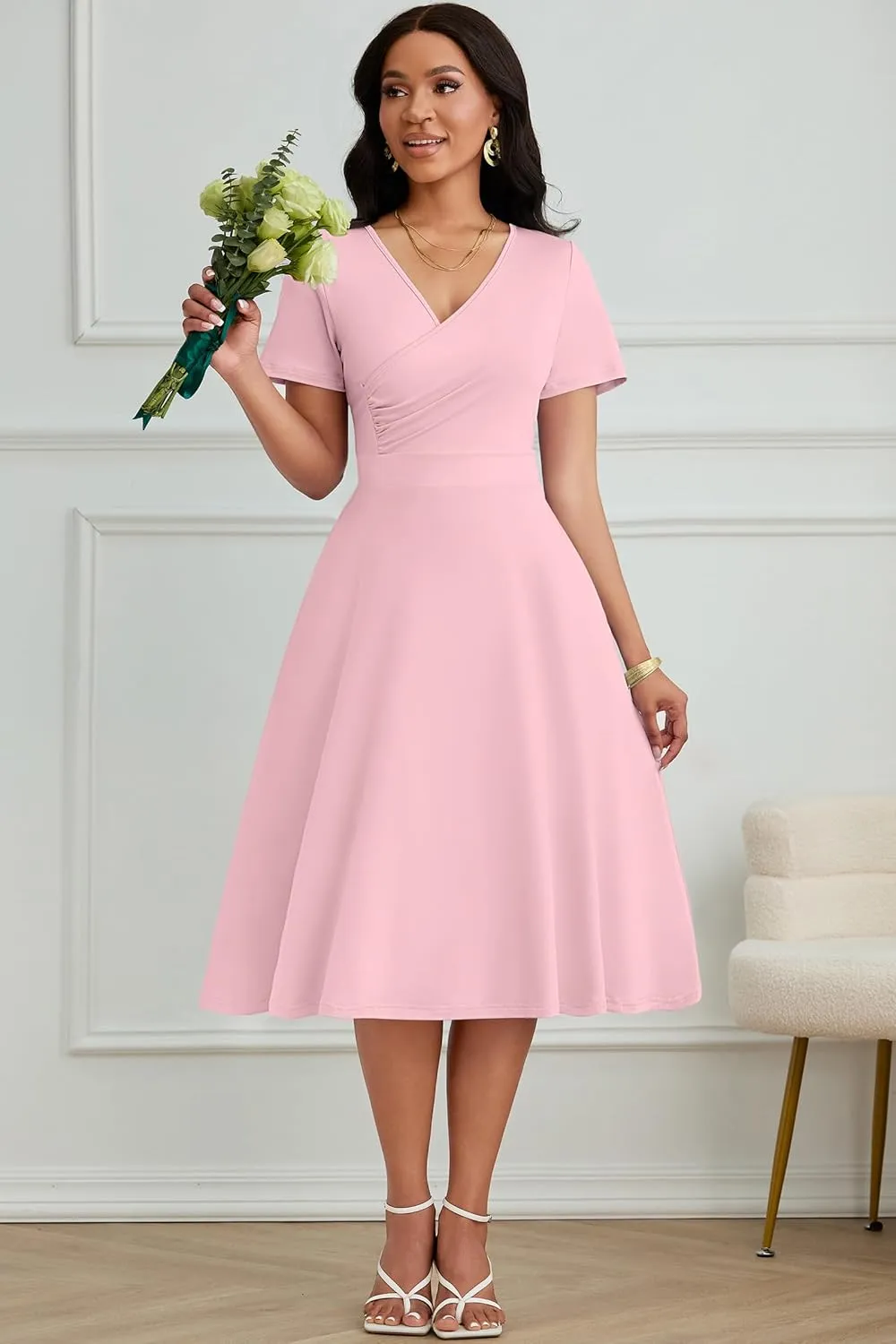 Nmoder Casual Wrap Midi Dresses for Women Wedding Guest Cocktail Tea A-Line Swing Dresses V Neck Short Sleeve with Pockets