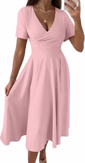 Nmoder Casual Wrap Midi Dresses for Women Wedding Guest Cocktail Tea A-Line Swing Dresses V Neck Short Sleeve with Pockets