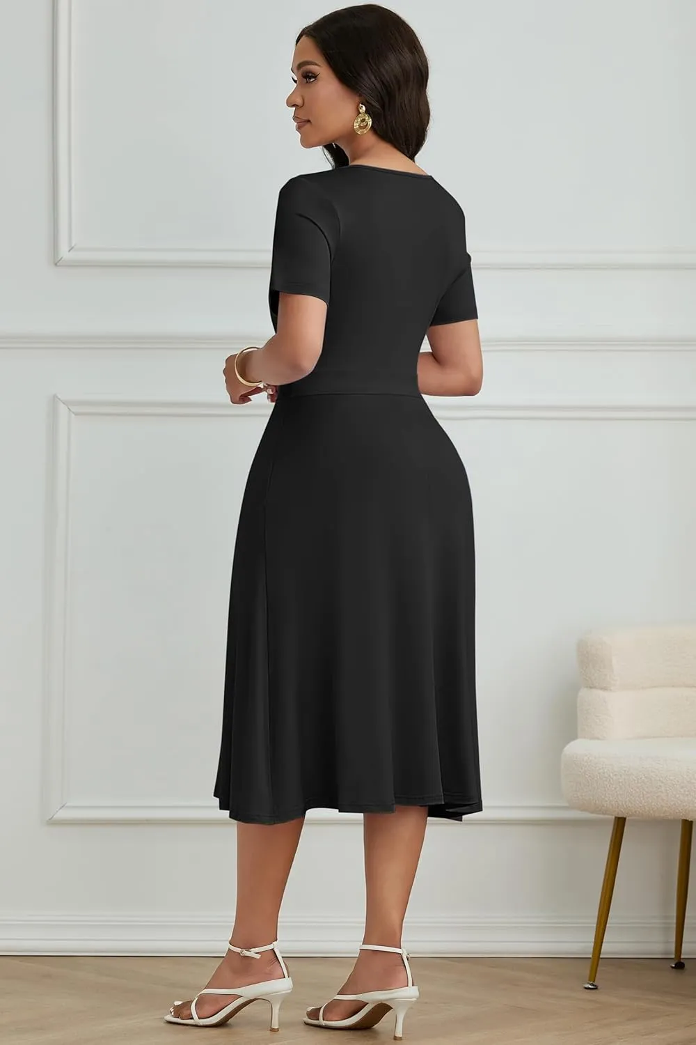 Nmoder Casual Wrap Midi Dresses for Women Wedding Guest Cocktail Tea A-Line Swing Dresses V Neck Short Sleeve with Pockets