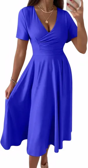 Nmoder Casual Wrap Midi Dresses for Women Wedding Guest Cocktail Tea A-Line Swing Dresses V Neck Short Sleeve with Pockets