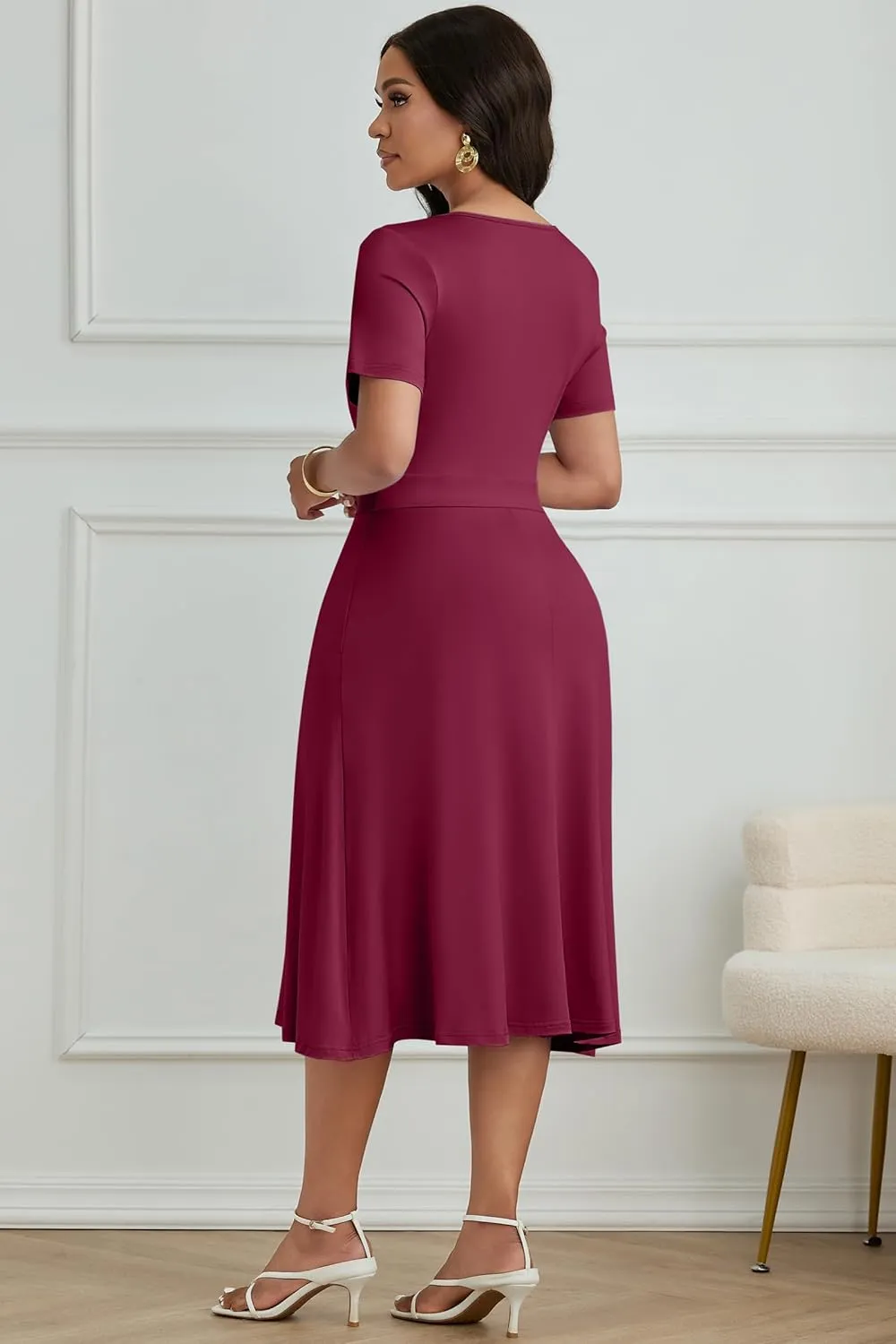 Nmoder Casual Wrap Midi Dresses for Women Wedding Guest Cocktail Tea A-Line Swing Dresses V Neck Short Sleeve with Pockets