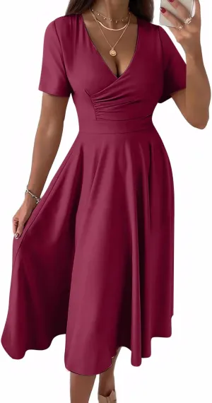 Nmoder Casual Wrap Midi Dresses for Women Wedding Guest Cocktail Tea A-Line Swing Dresses V Neck Short Sleeve with Pockets